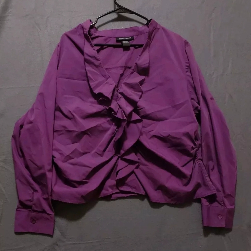 Ashley Stewart Top Size 18/20 Purple Buttons Ruffle Plus Size Long Sleeve